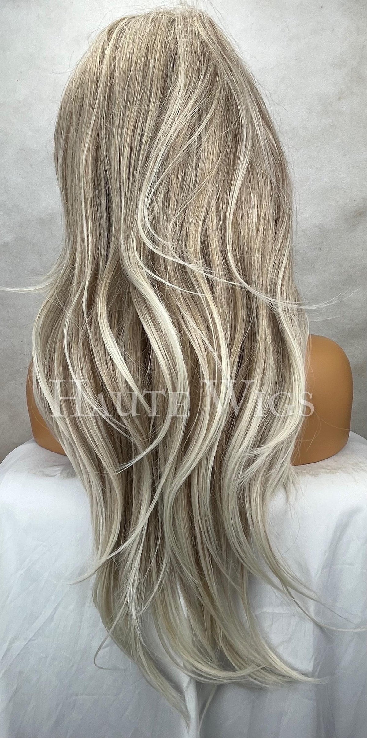 Cindy Ash Blonde White Balayage Highlights streaks 28 Inch Long Wig Layered Center Parting Low Density Lace Front Womens Haute Wigs