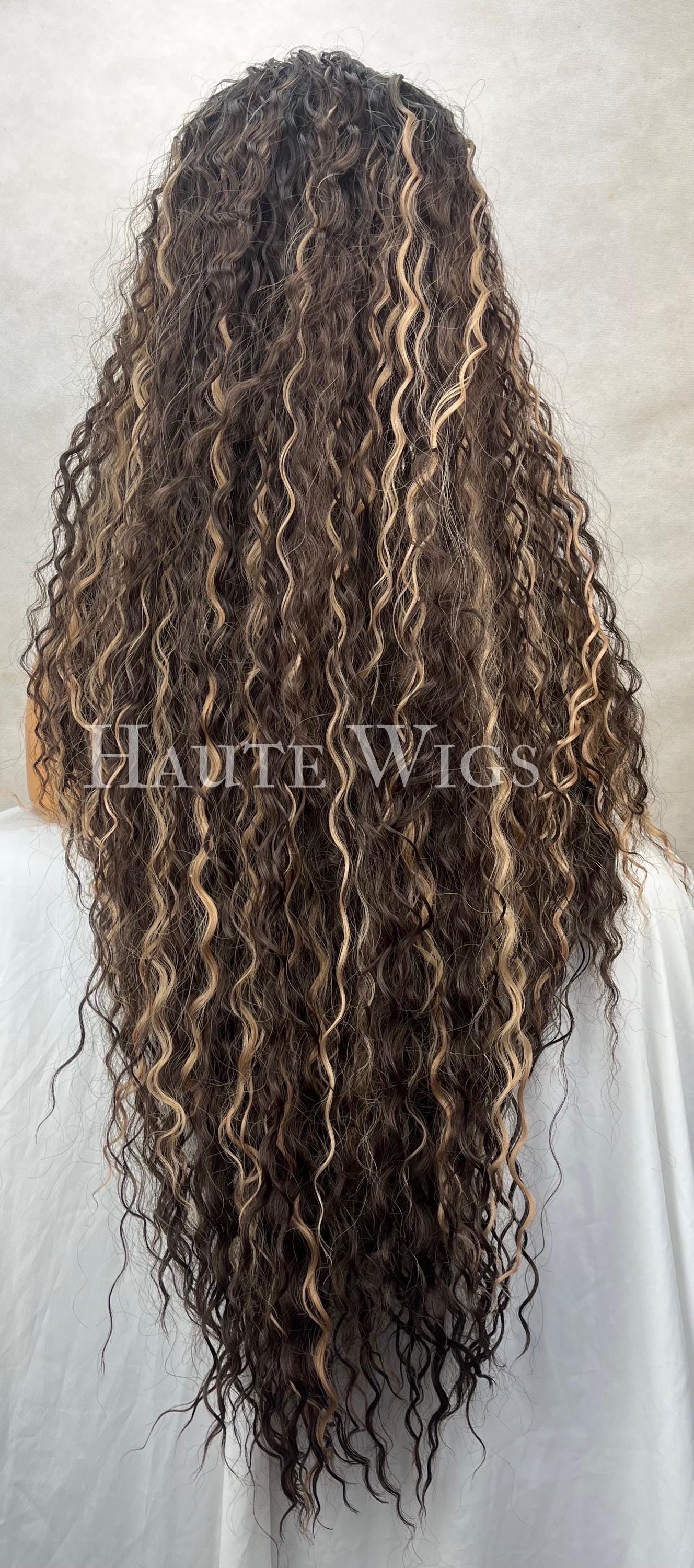 Mesmerised - Curly Perm Dark Brown Golden blonde Highlights Wig T part Lace Front Extra CURLY Water Waves Haute wigs costume wig or everyday