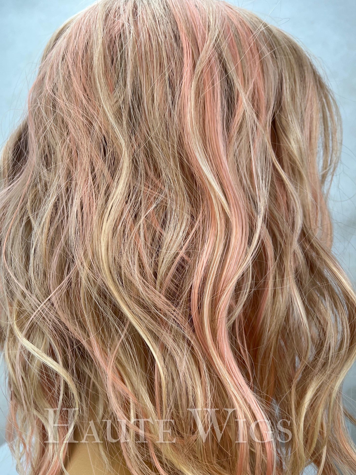 Ombre Peach Rose Gold Bob Wig: 14 Inch Wavy Synthetic Wig with Bangs
