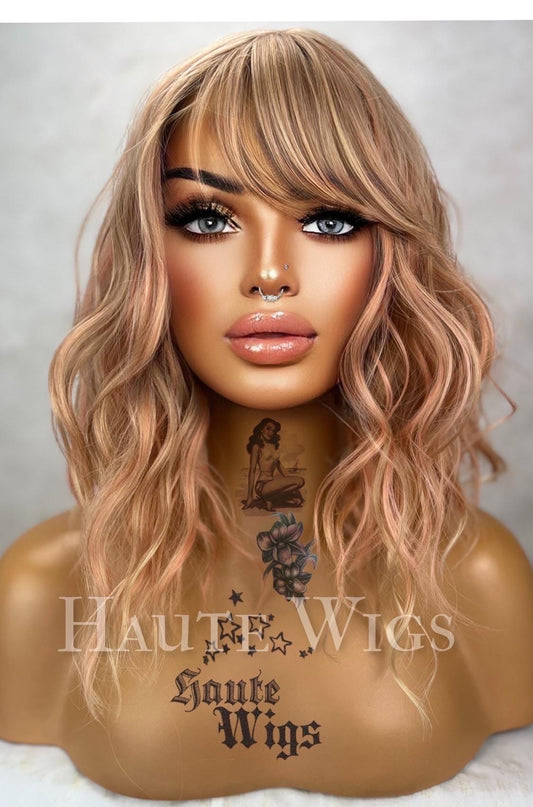Ombre Peach Rose Gold Bob Wig: 14 Inch Wavy Synthetic Wig with Bangs