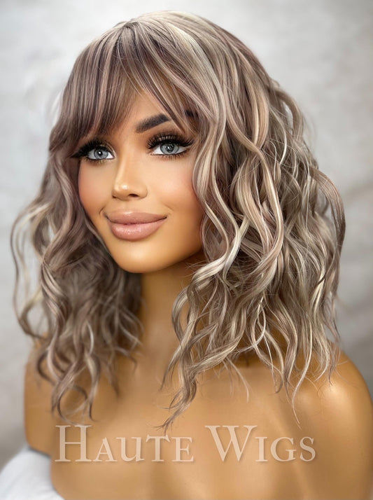 Ombre Ash Blonde Bob Wig: Short Wavy Wig with Bangs