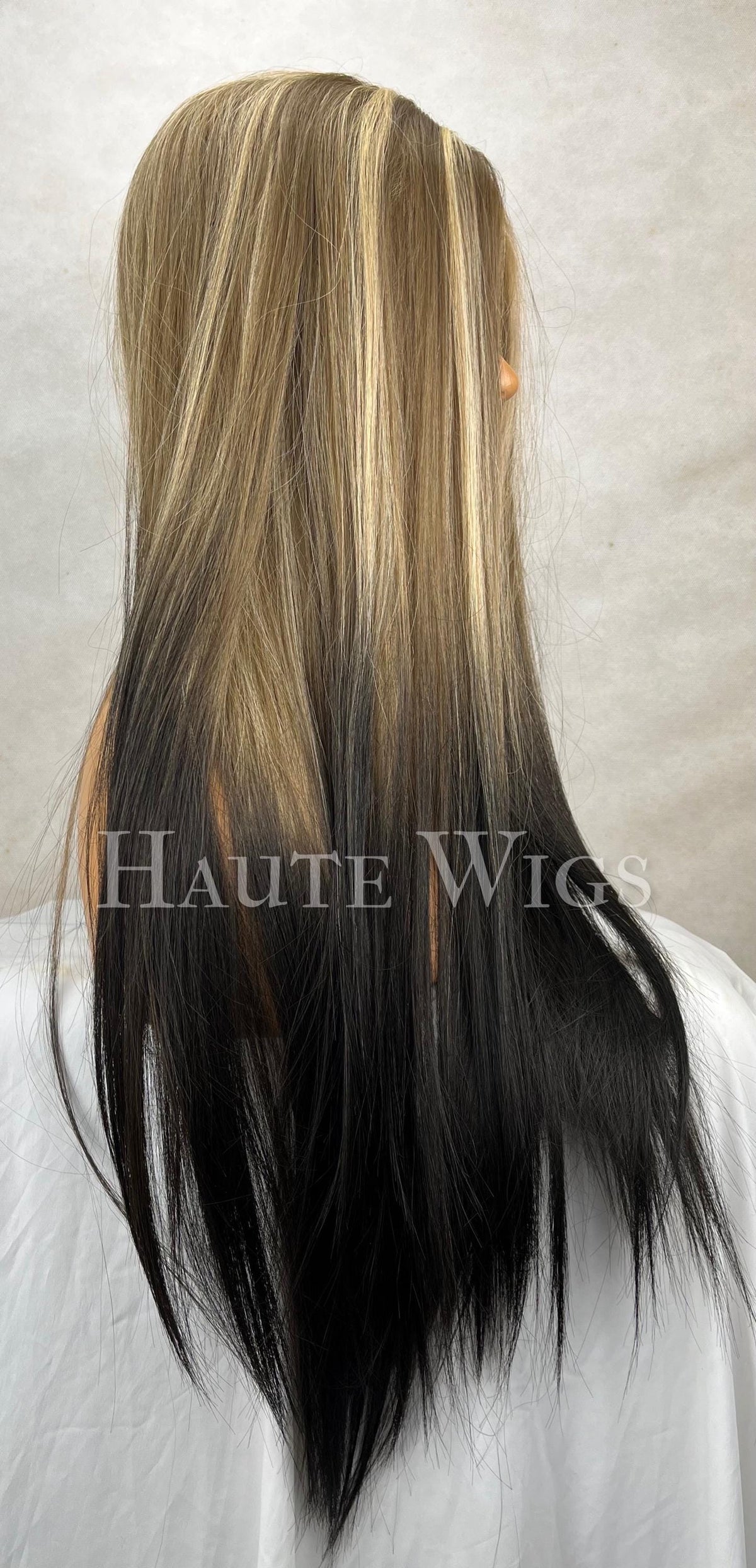 26 Inch Blonde Ombré Black Wig: Human Hair Blend, Lace Front