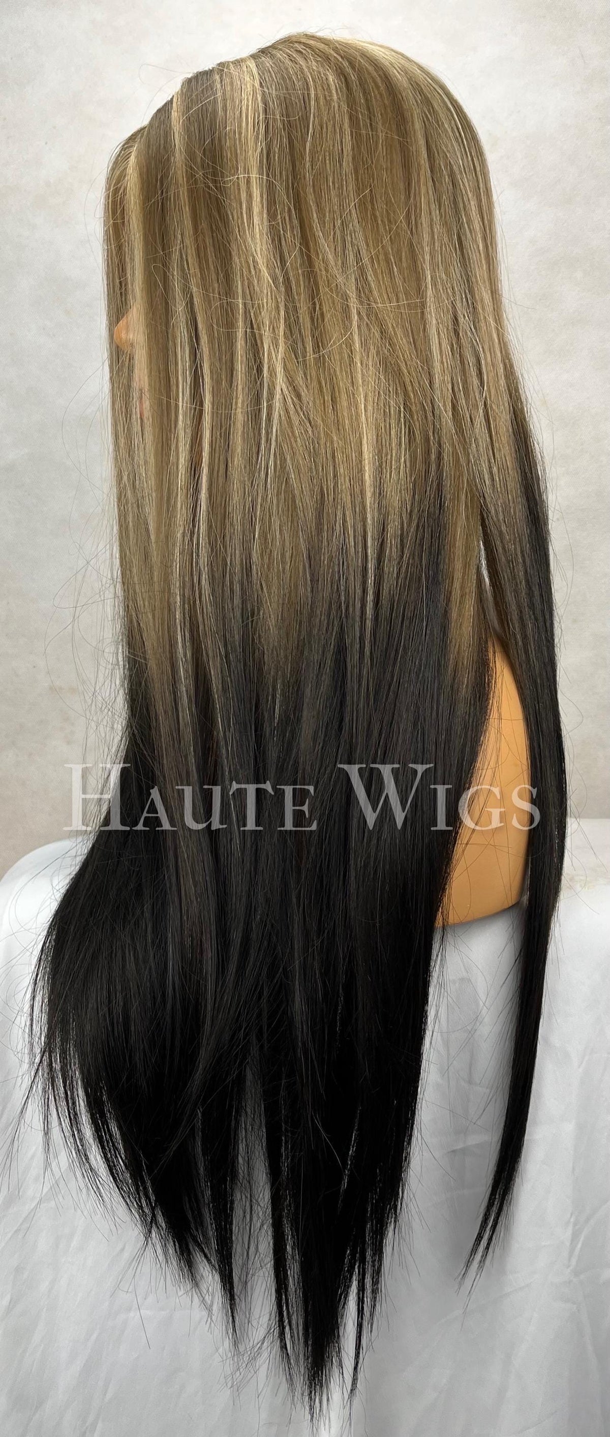 26 Inch Blonde Ombré Black Wig: Human Hair Blend, Lace Front