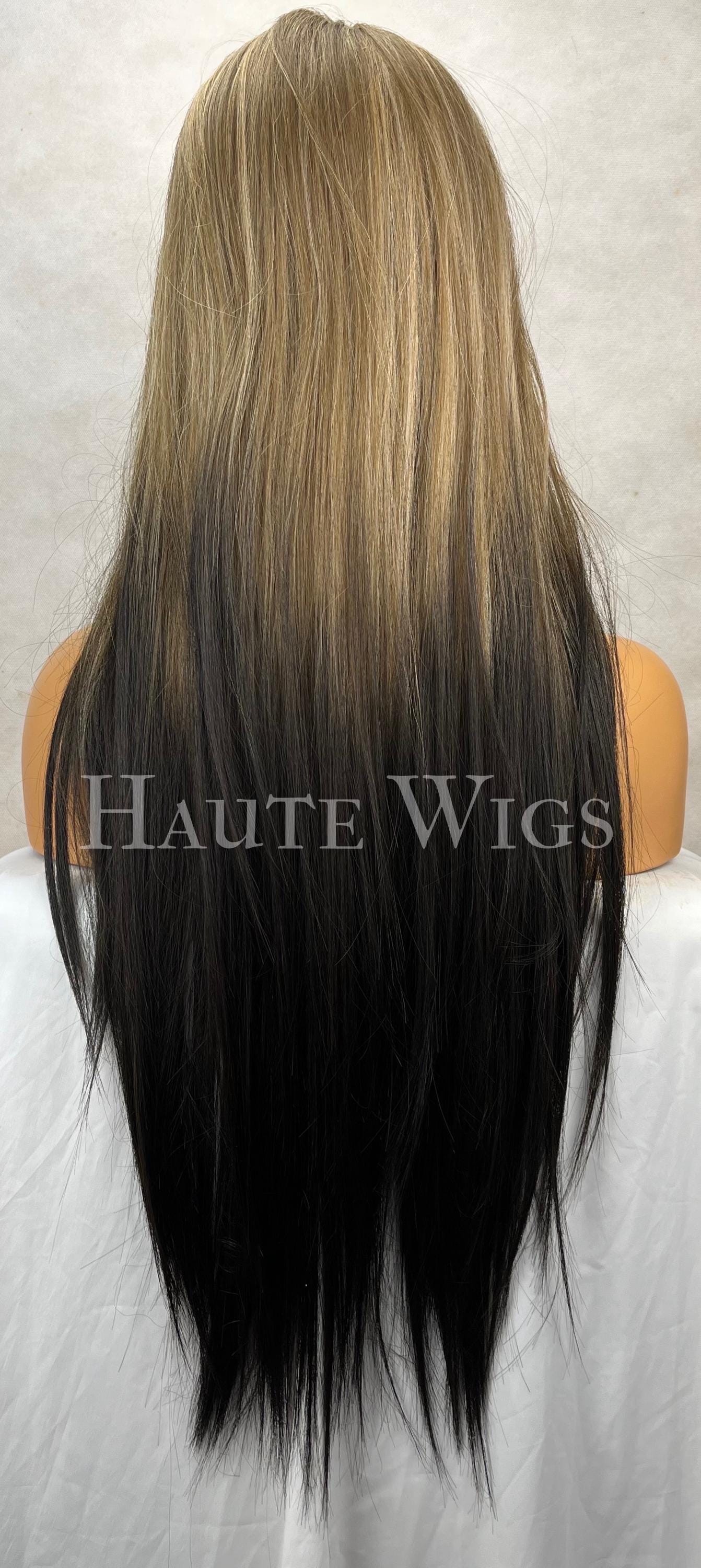 26 Inch Blonde Ombré Black Wig: Human Hair Blend, Lace Front