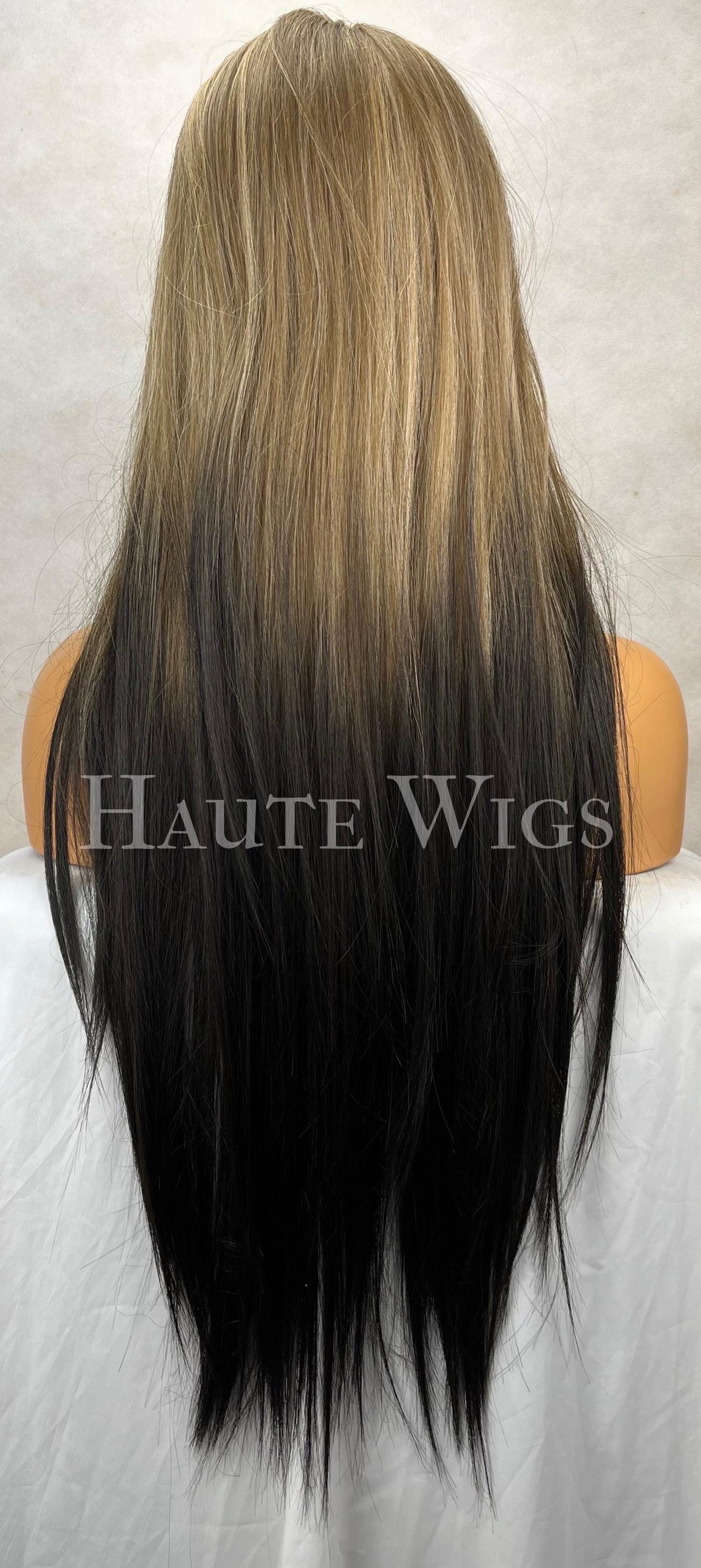 26 Inch Blonde Ombré Black Wig: Human Hair Blend, Lace Front