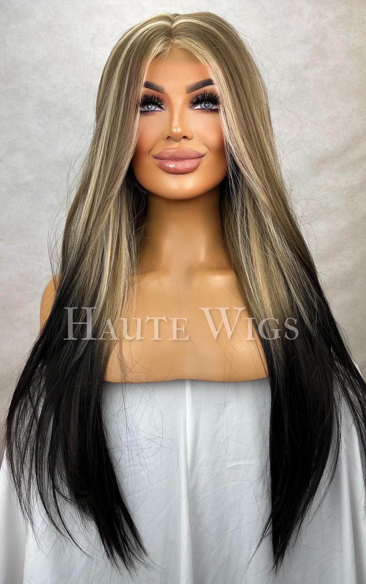 26 Inch Blonde Ombré Black Wig: Human Hair Blend, Lace Front