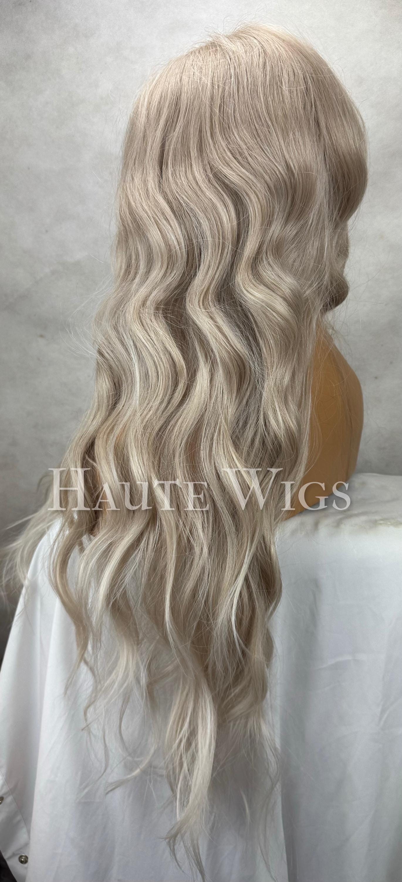 Iced Blonde Wavy Wig: Ash Blonde Highlights, Human Hair Blend Lace Front