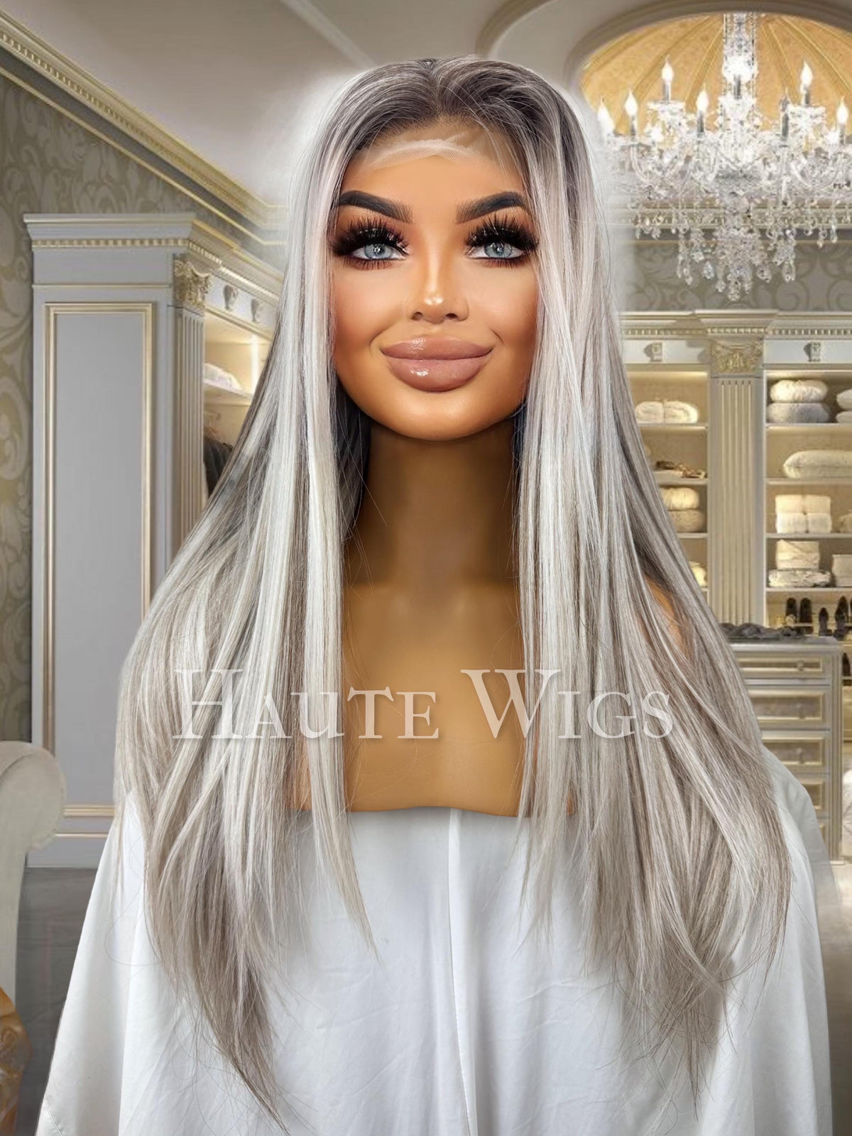 Ash Blonde Lace Front Wig: Straight Hair, Dark Highlights, Free Part