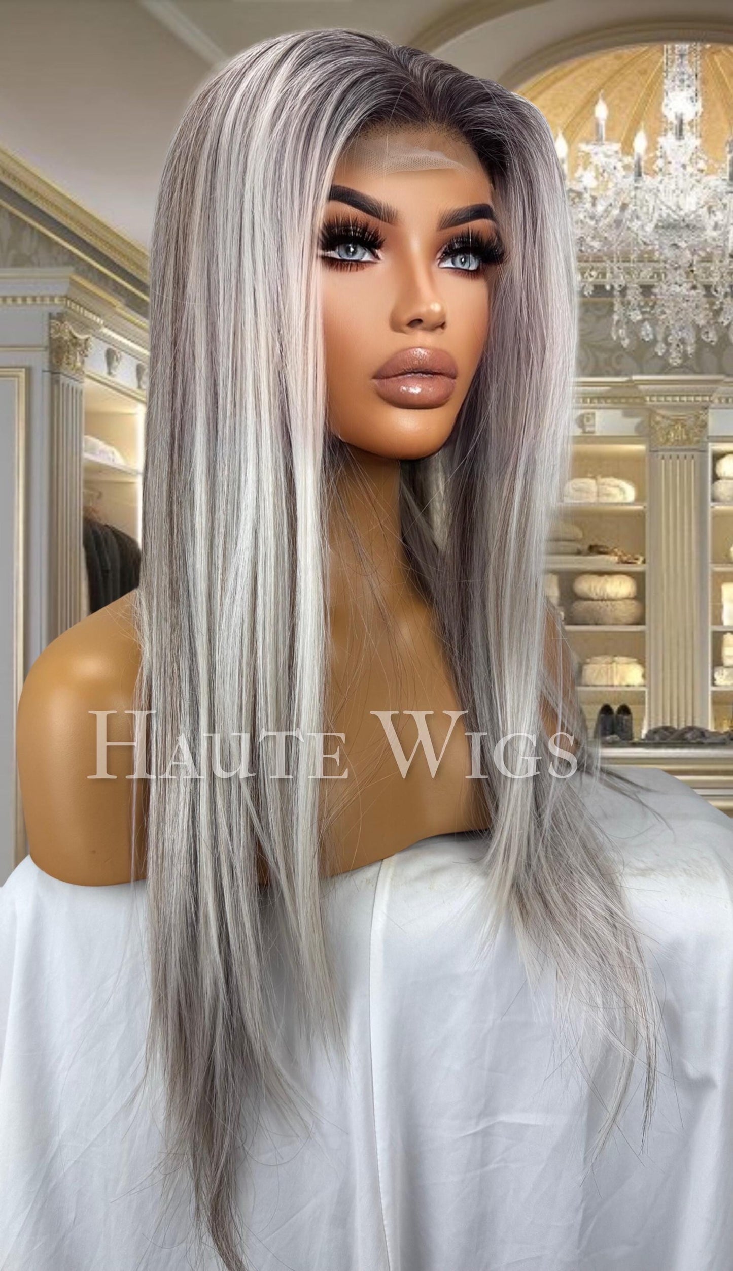 Ash Blonde Lace Front Wig: Straight Hair, Dark Highlights, Free Part
