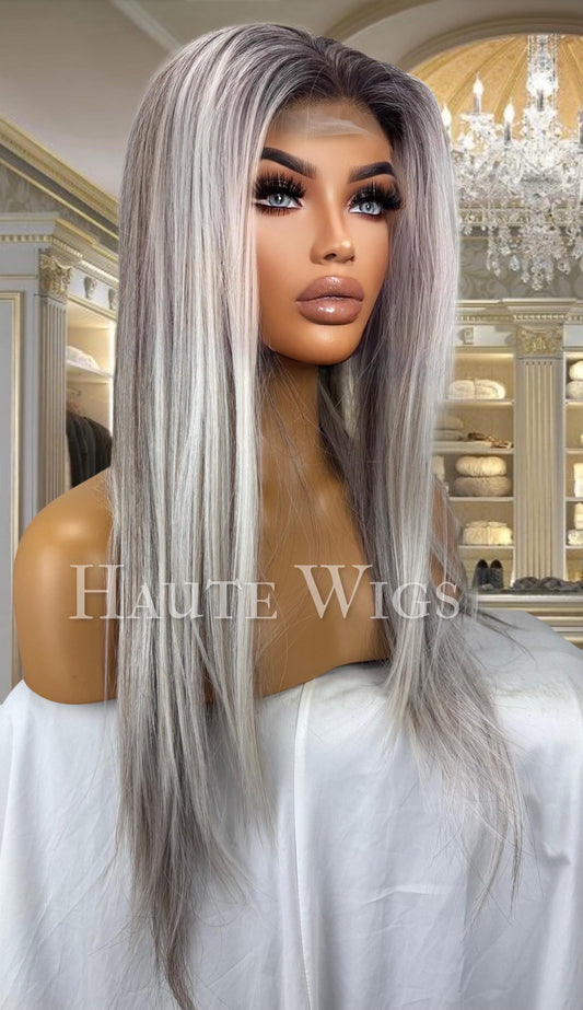 Ash Blonde Lace Front Wig: Straight Hair, Dark Highlights, Free Part