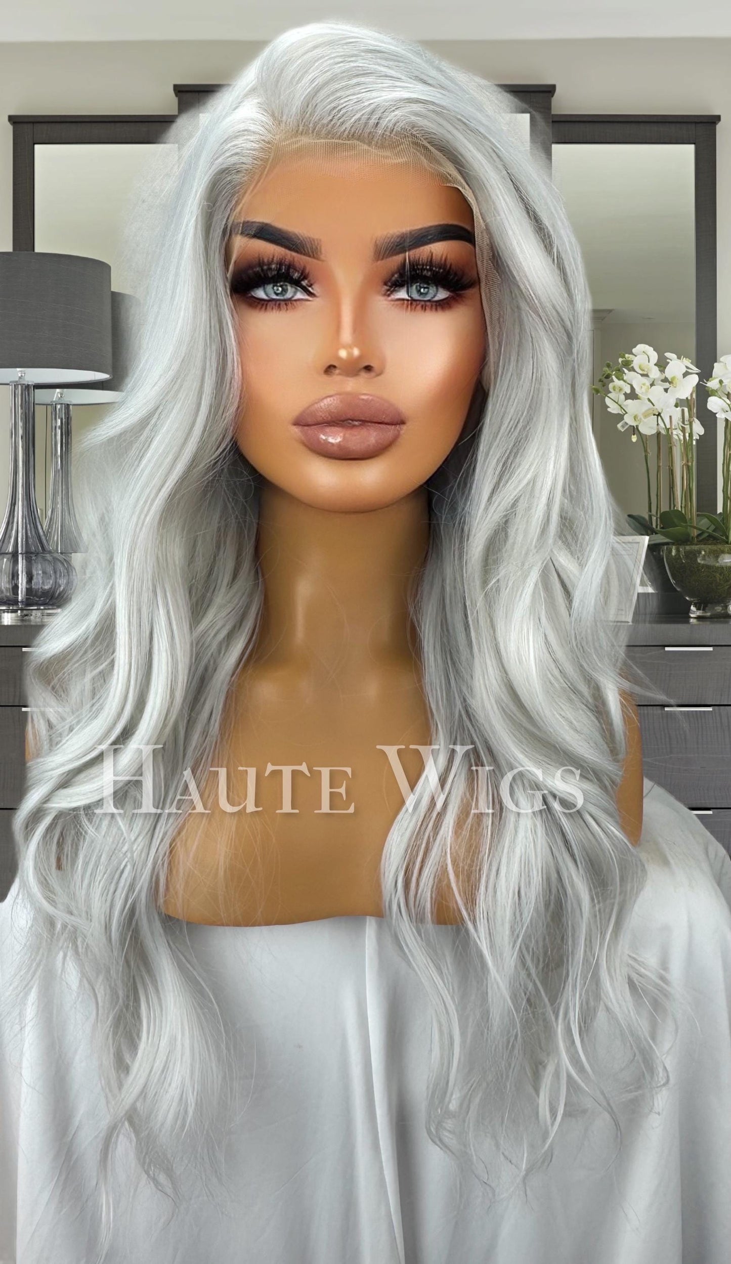 Platinum Blonde Wavy Wig: Ash Silver HD Lace Front, 26 Inch