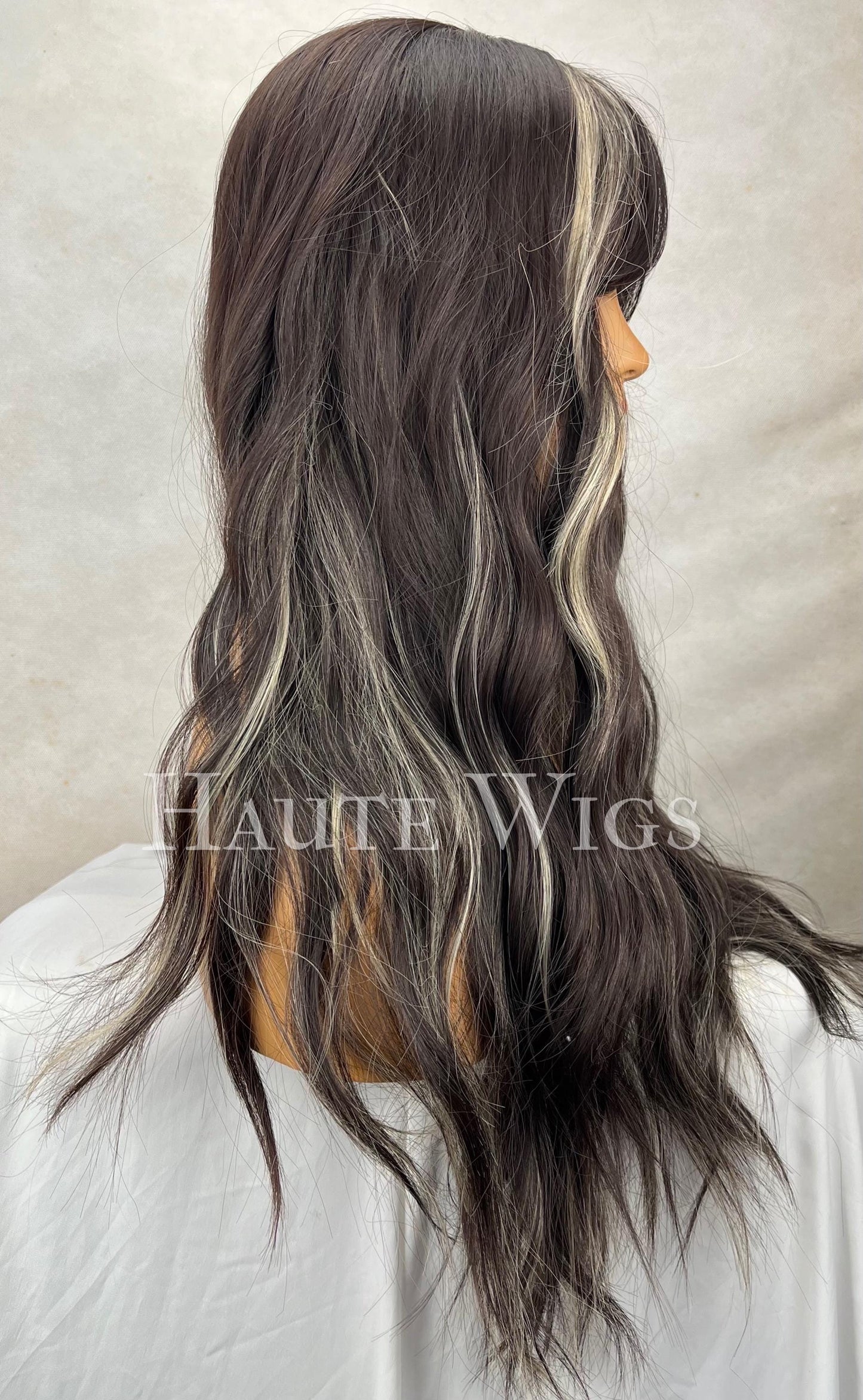 Balayage Wig: Dark Brown & Blonde Wavy Wig with Bangs - No Lace Front