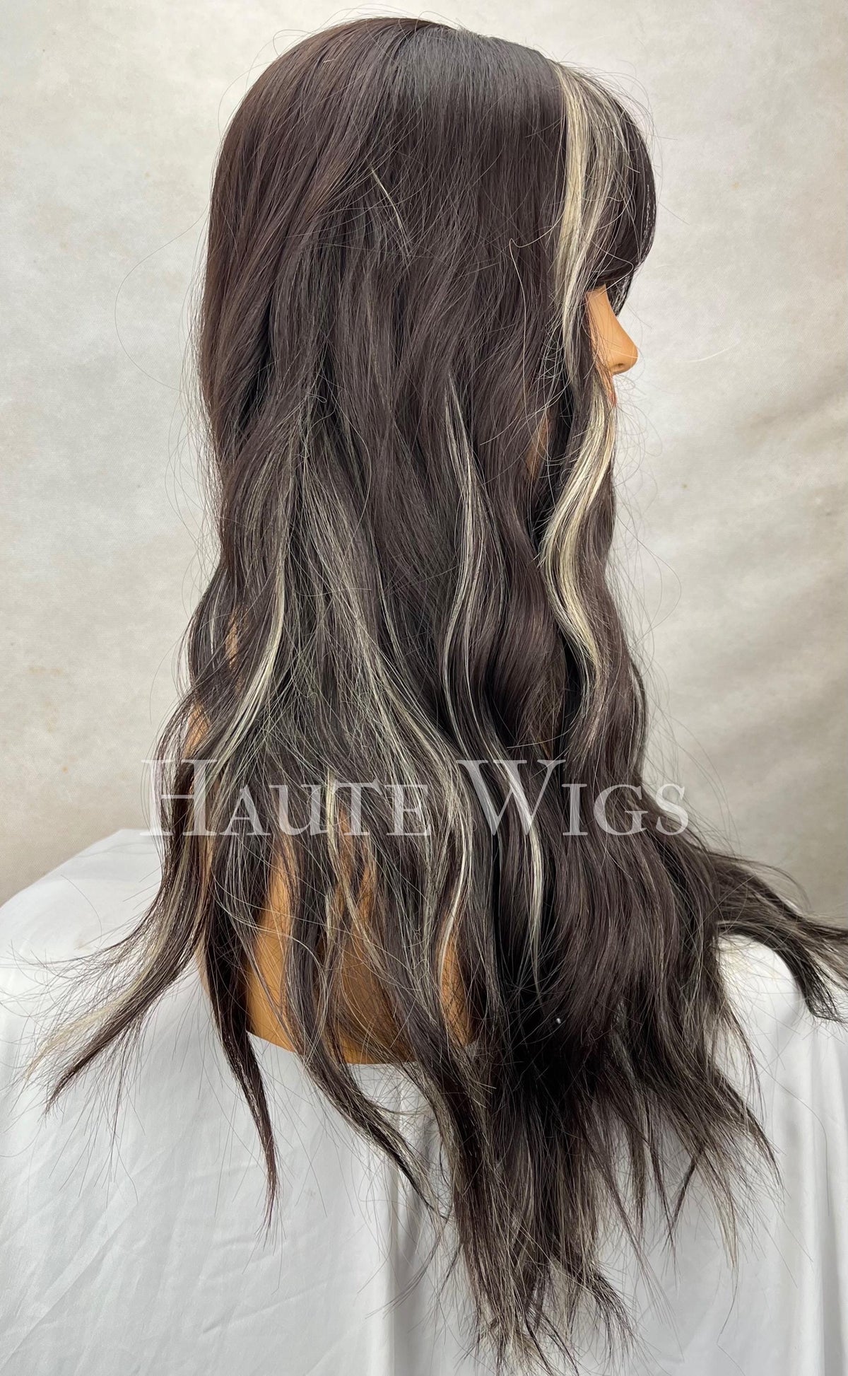 Balayage Wig: Dark Brown & Blonde Wavy Wig with Bangs - No Lace Front