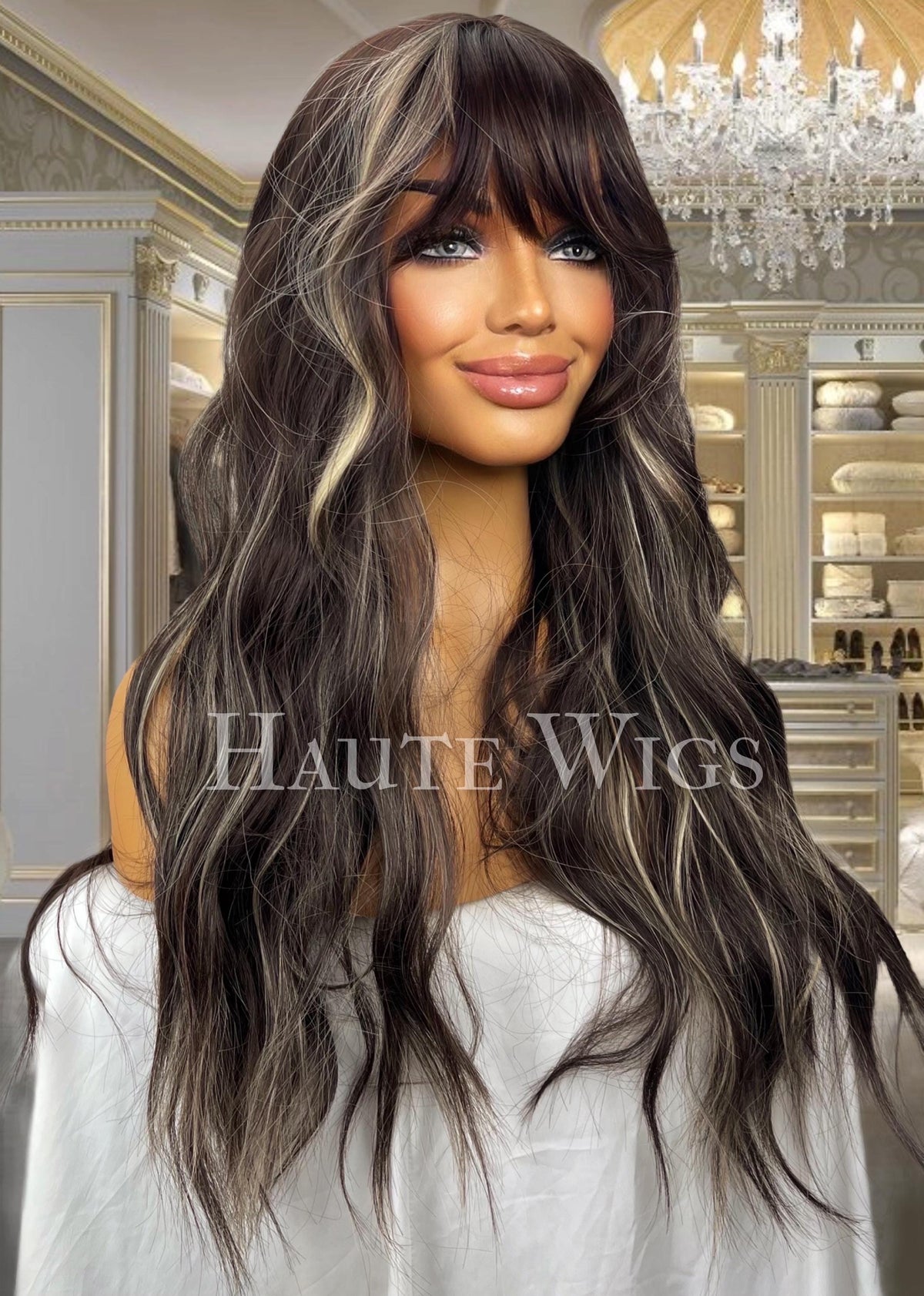 Balayage Wig: Dark Brown & Blonde Wavy Wig with Bangs - No Lace Front