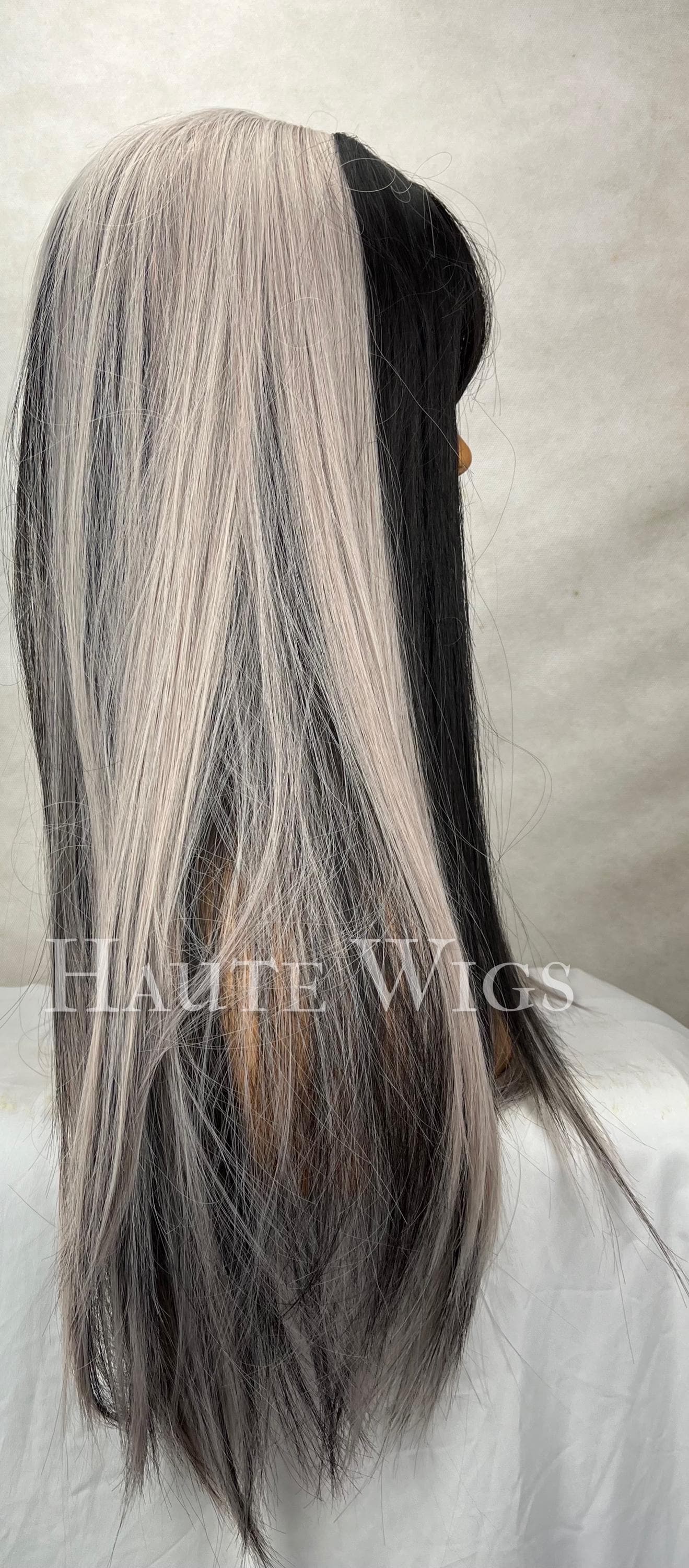 Platinum Silver & Black Wig: Corpse Bride Style, 24" Long with Bangs