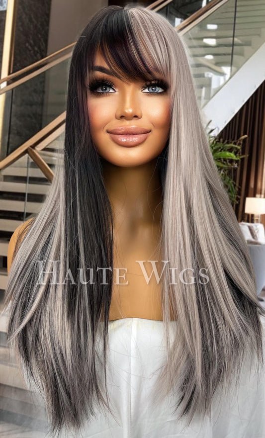 Platinum Silver & Black Wig: Corpse Bride Style, 24" Long with Bangs