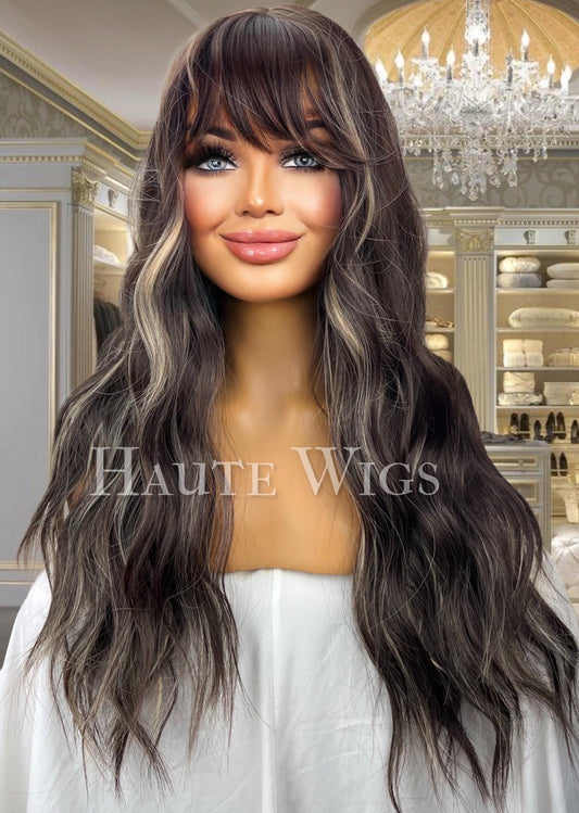 Balayage Wig: Dark Brown & Blonde Wavy Wig with Bangs - No Lace Front