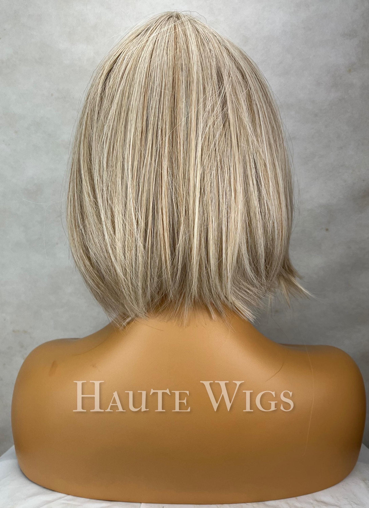 Relentlessly Blonde - 12 Inch Ash Blonde Cool Toned Dirty NO Ombre roots Wig W Fringe Bangs Center Parting Short BOB straight vegan Hair