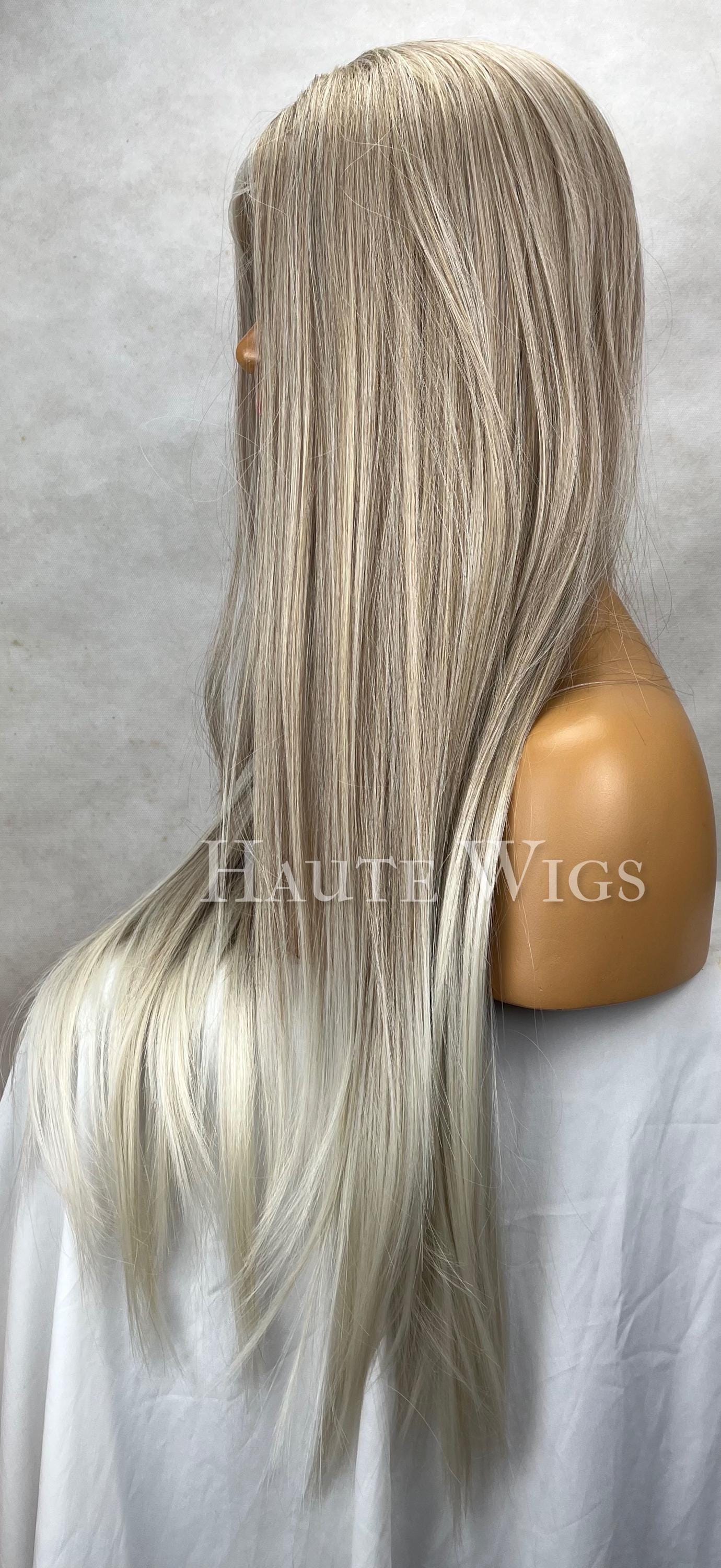 Risky bombshell - 30 inch COOL Tone Ash Blonde Wig white highlights Long Wig Lace Front Realistic Human Hair Blends Straight Ladies Wig Gift