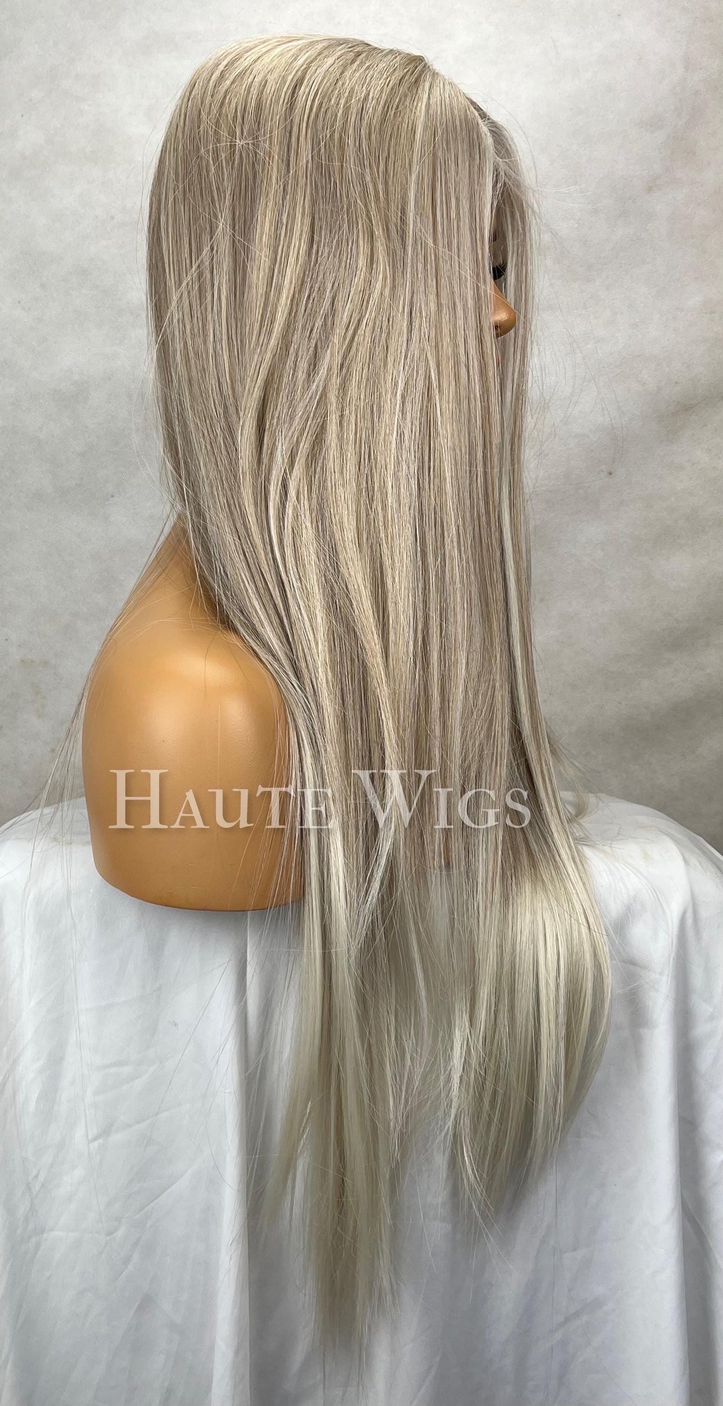 Risky bombshell - 30 inch COOL Tone Ash Blonde Wig white highlights Long Wig Lace Front Realistic Human Hair Blends Straight Ladies Wig Gift