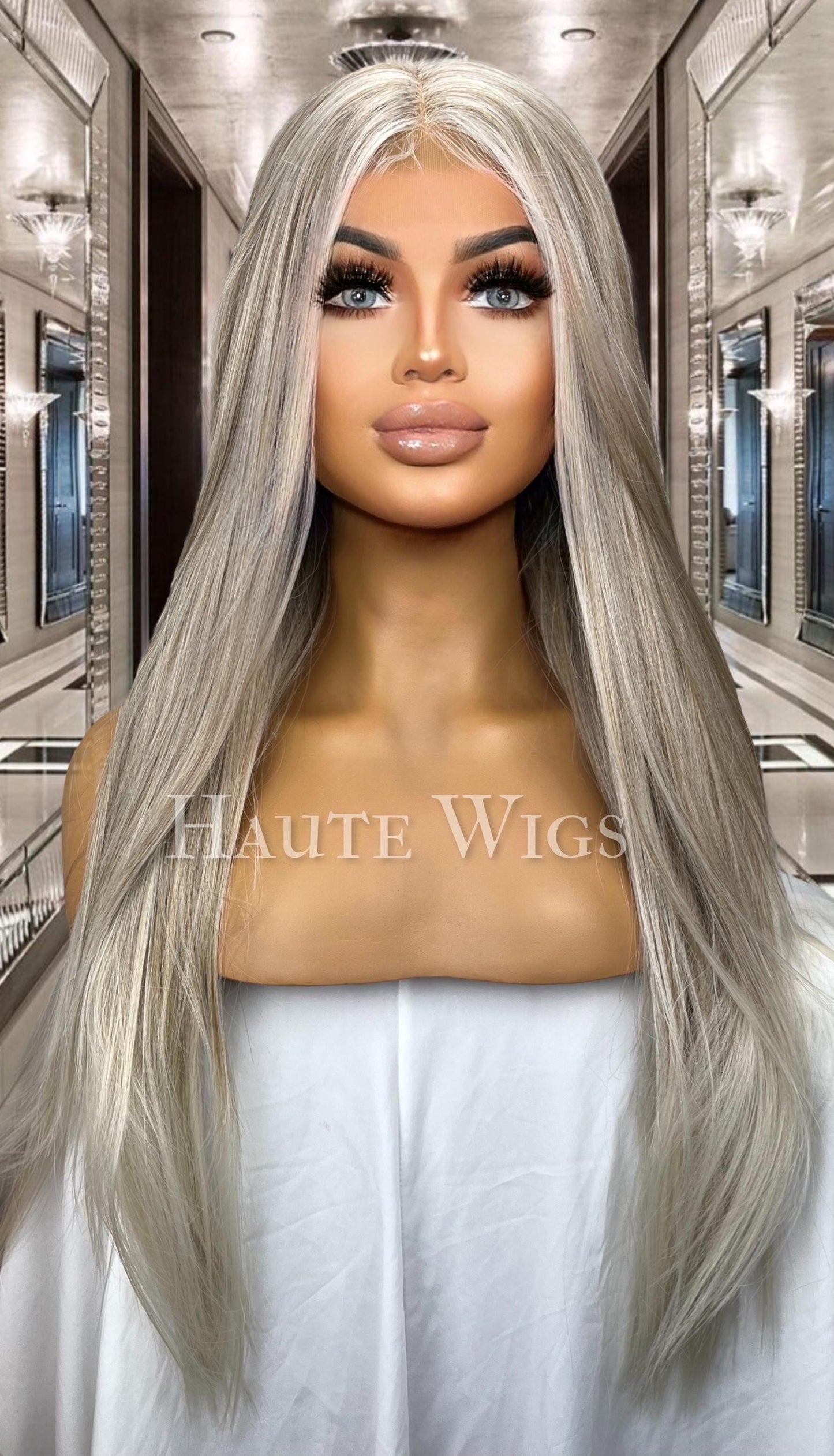 Risky bombshell - 30 inch COOL Tone Ash Blonde Wig white highlights Long Wig Lace Front Realistic Human Hair Blends Straight Ladies Wig Gift