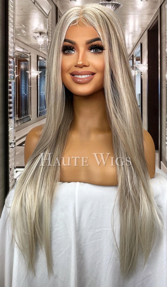 Risky bombshell - 30 inch COOL Tone Ash Blonde Wig white highlights Long Wig Lace Front Realistic Human Hair Blends Straight Ladies Wig Gift