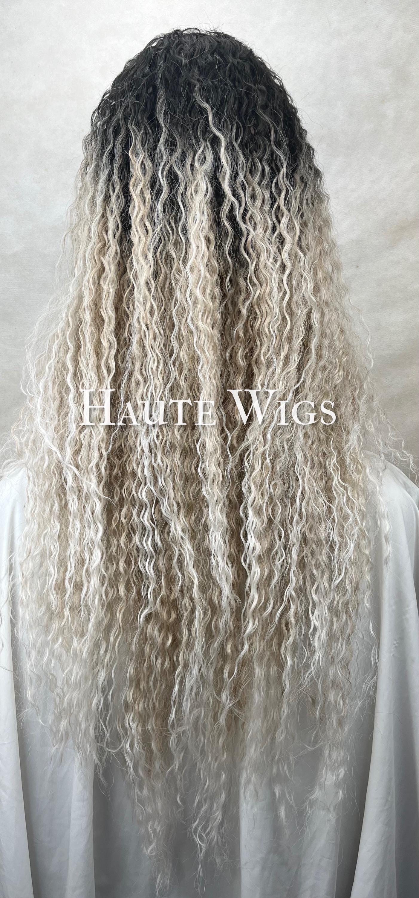 40" Ombre Platinum Blonde Curly Wig: Black Roots Lace Front