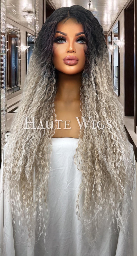 40" Ombre Platinum Blonde Curly Wig: Black Roots Lace Front