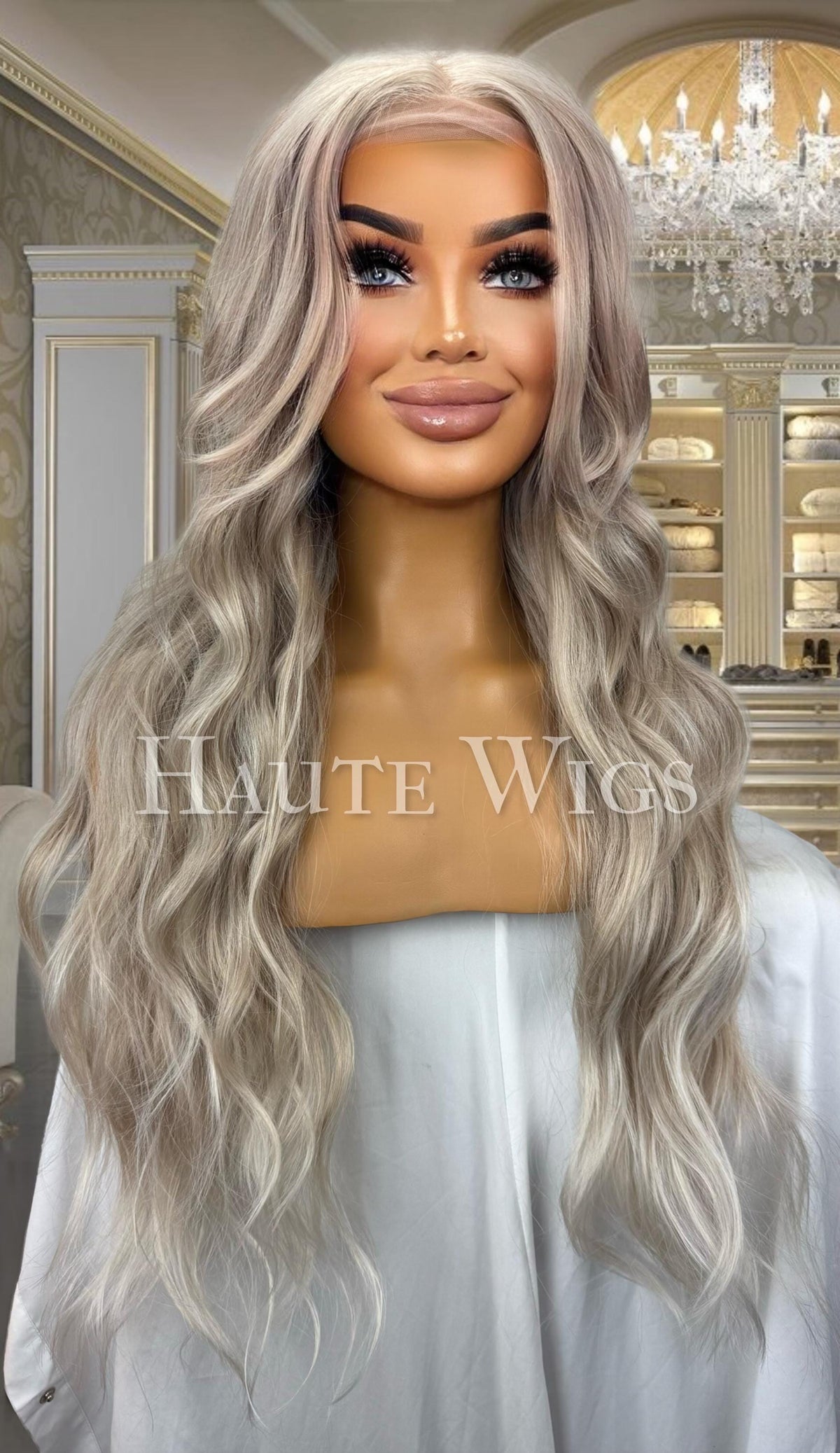 Iced Blonde Wavy Wig: Ash Blonde Highlights, Human Hair Blend Lace Front