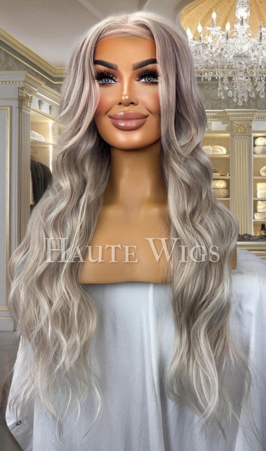 Iced Blonde Wavy Wig: Ash Blonde Highlights, Human Hair Blend Lace Front