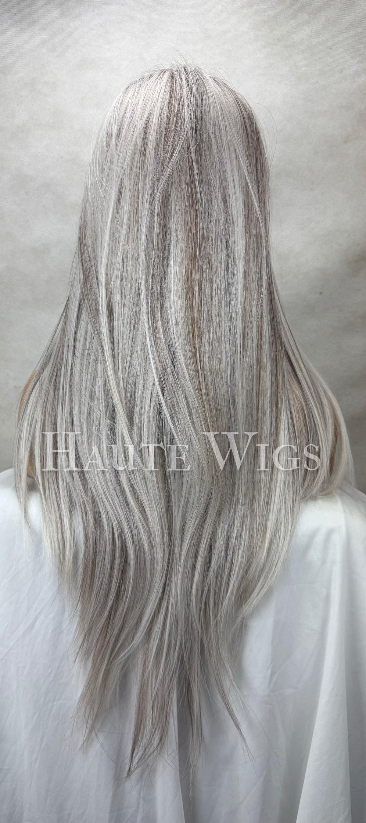 Ash Blonde Lace Front Wig: Straight Hair, Dark Highlights, Free Part