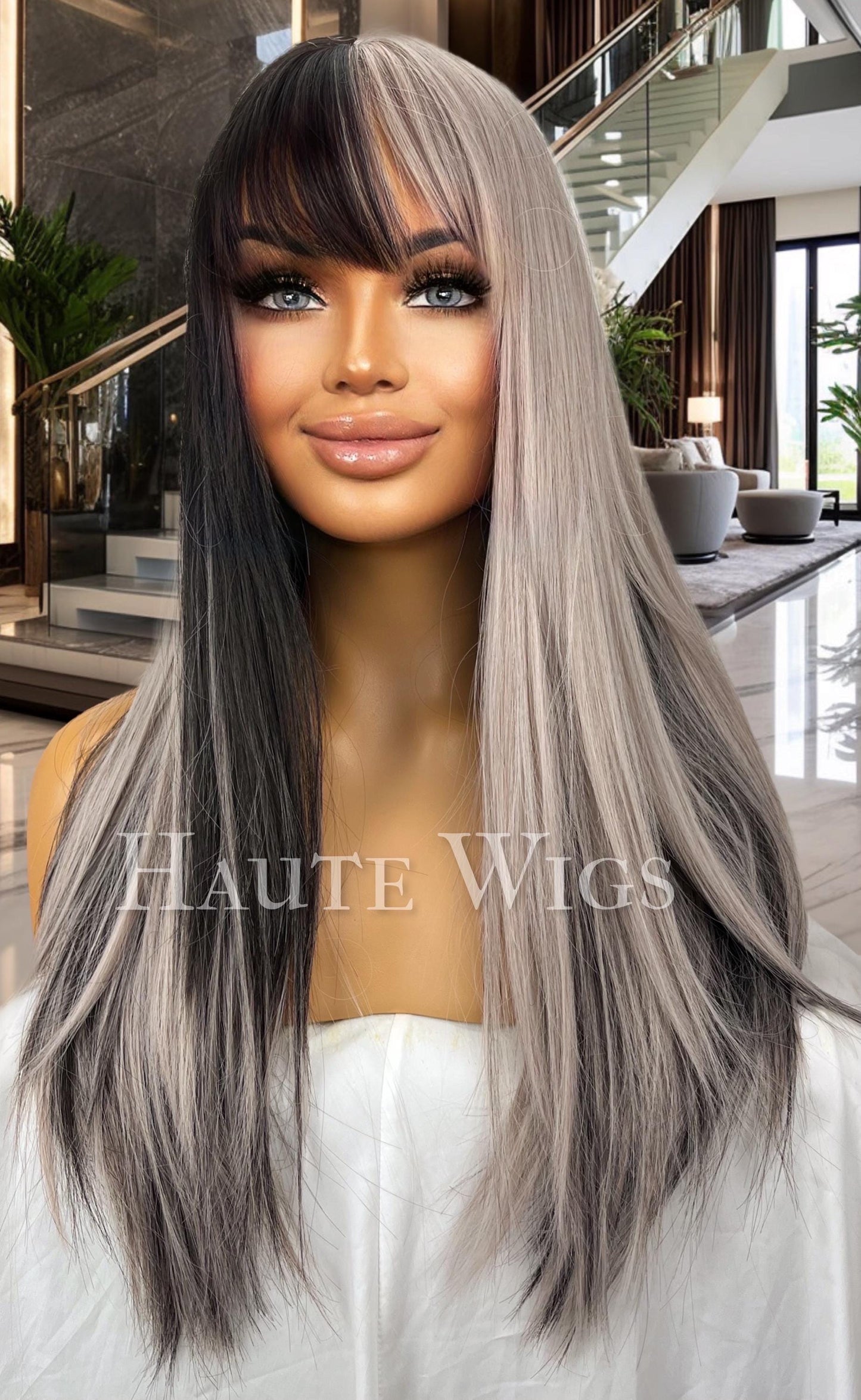 Platinum Silver & Black Wig: Corpse Bride Style, 24" Long with Bangs
