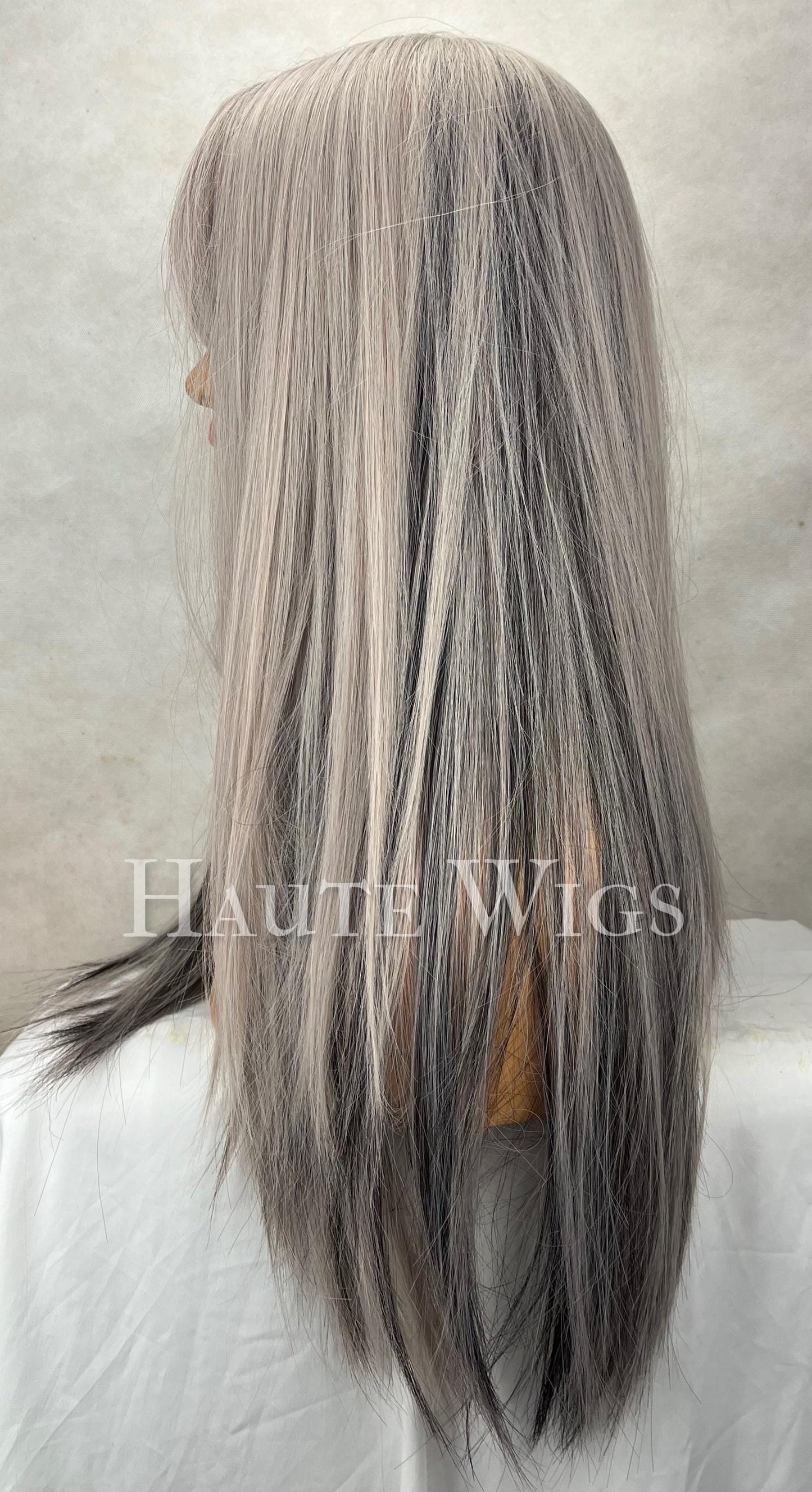 Platinum Silver & Black Wig: Corpse Bride Style, 24" Long with Bangs