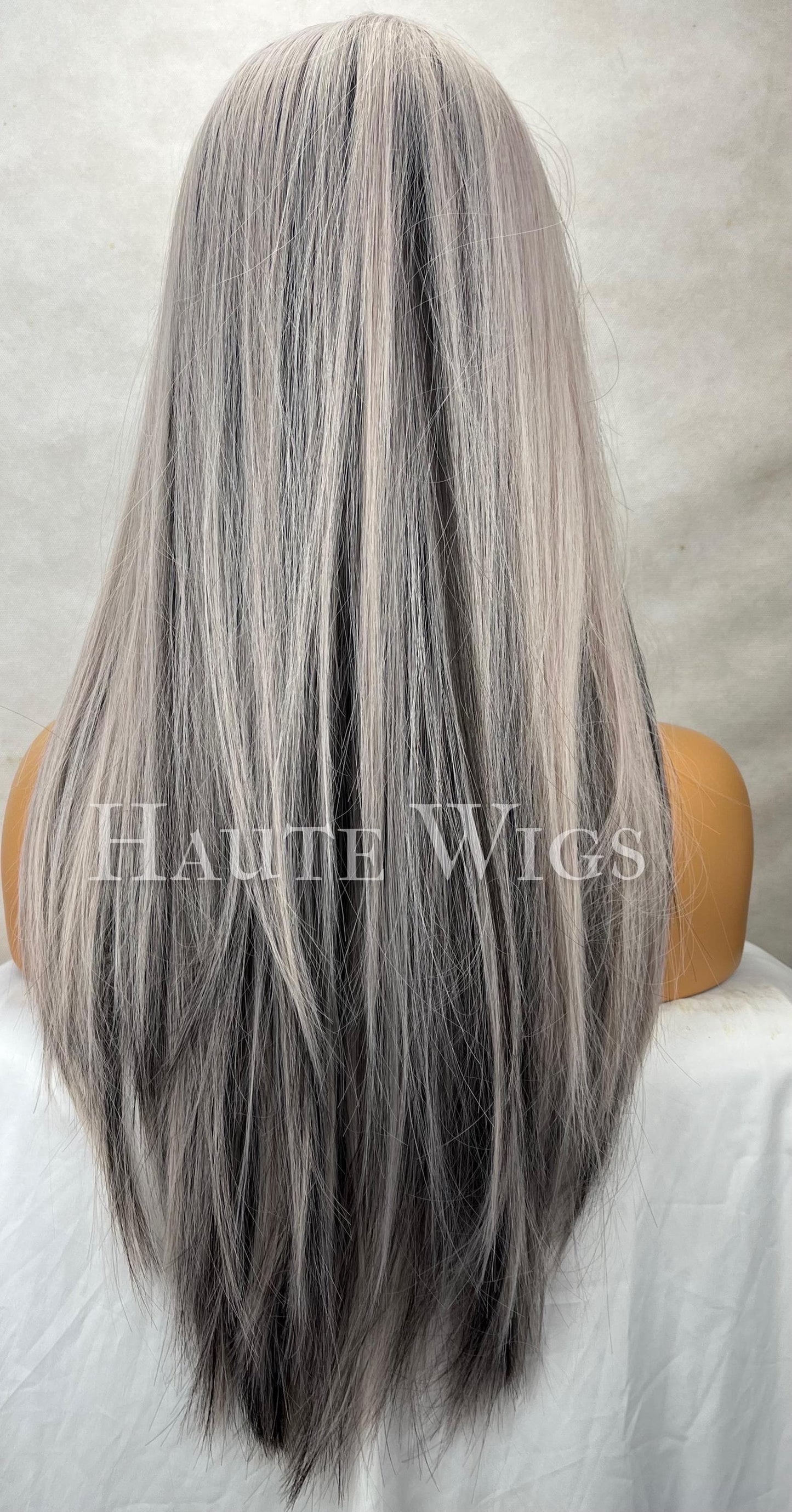 Platinum Silver & Black Wig: Corpse Bride Style, 24" Long with Bangs