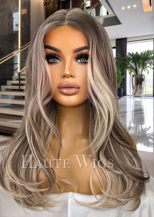 International beauty - 20 Inch Long Sexy Blonde Brown Wig Balayage Highlights Lowlights Womens Hair Lace Front Layered wavy straight haute