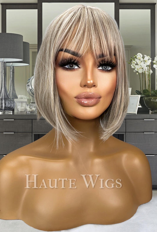 Relentlessly Blonde - 12 Inch Ash Blonde Cool Toned Dirty NO Ombre roots Wig W Fringe Bangs Center Parting Short BOB straight vegan Hair