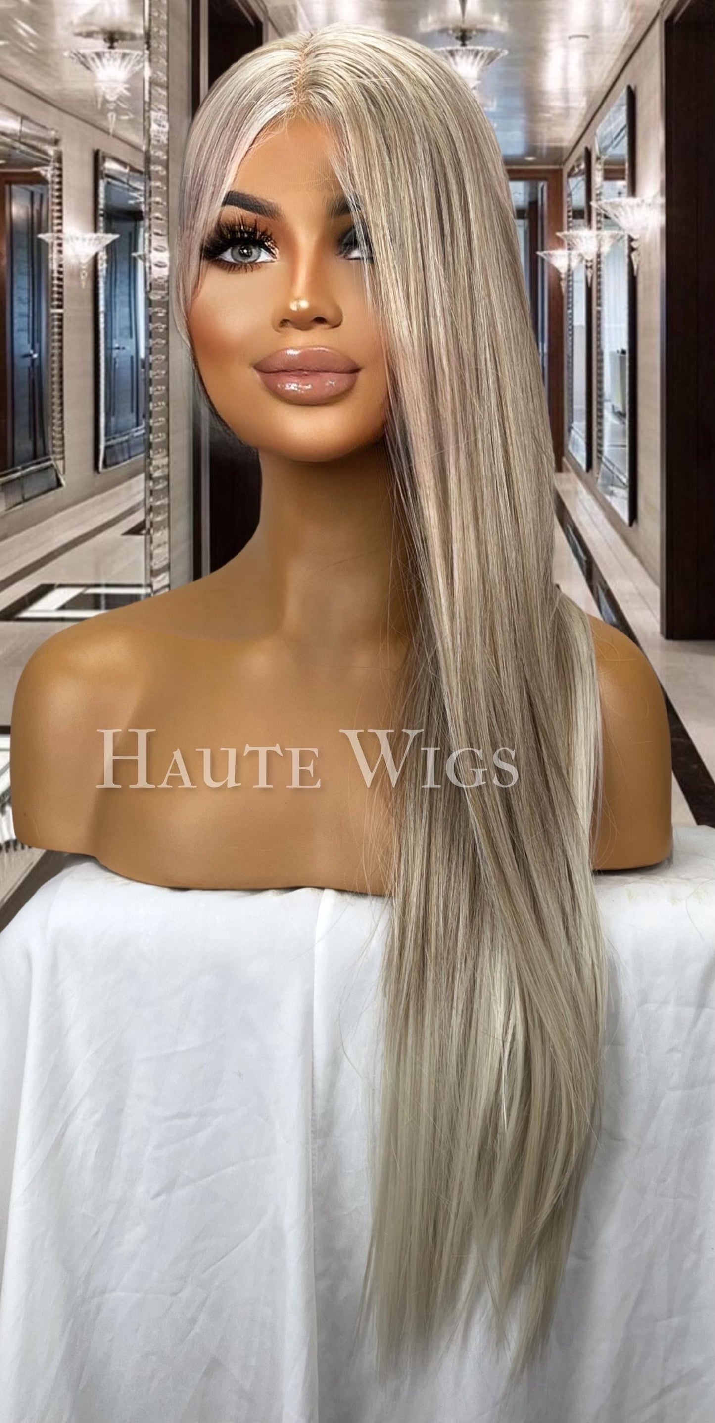 Risky bombshell - 30 inch COOL Tone Ash Blonde Wig white highlights Long Wig Lace Front Realistic Human Hair Blends Straight Ladies Wig Gift