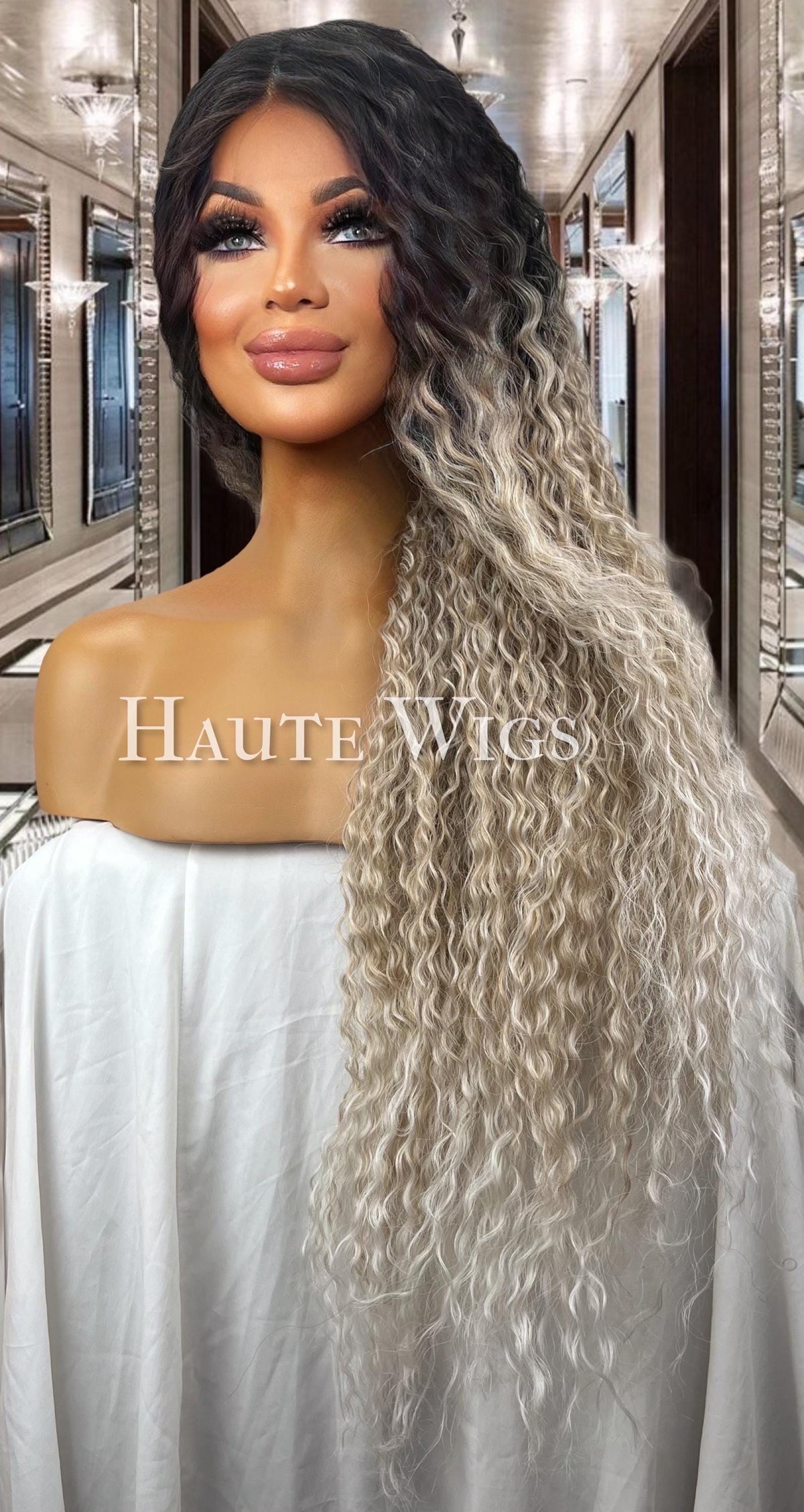 40" Ombre Platinum Blonde Curly Wig: Black Roots Lace Front
