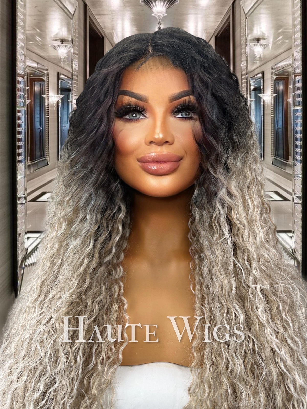 40" Ombre Platinum Blonde Curly Wig: Black Roots Lace Front