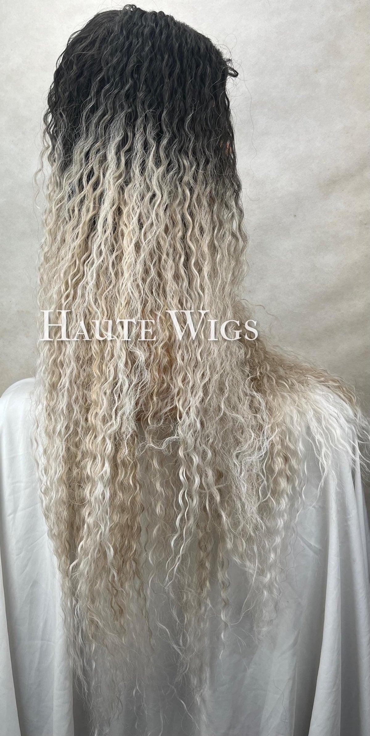 40" Ombre Platinum Blonde Curly Wig: Black Roots Lace Front