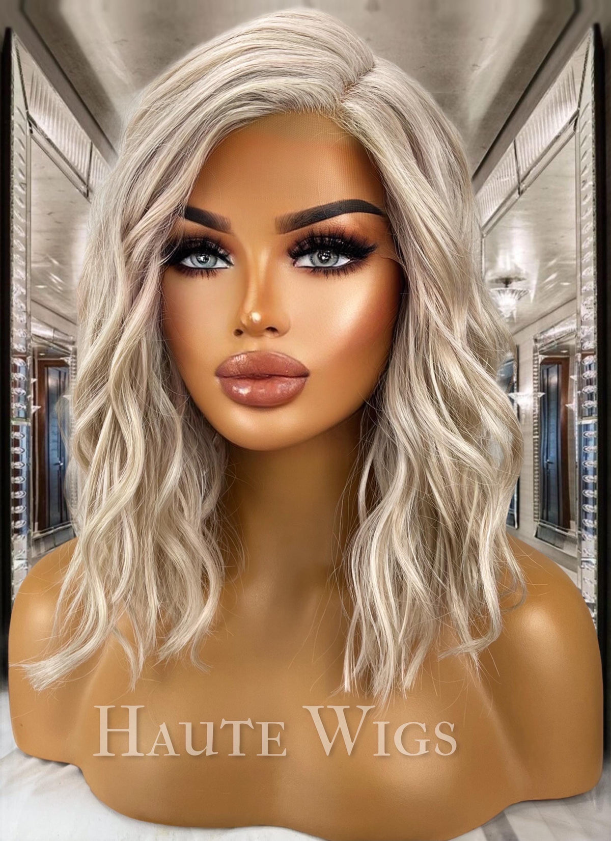 Platinum Ash Blonde Wig: Wavy Bob, HD Lace Front, Human Hair Blend