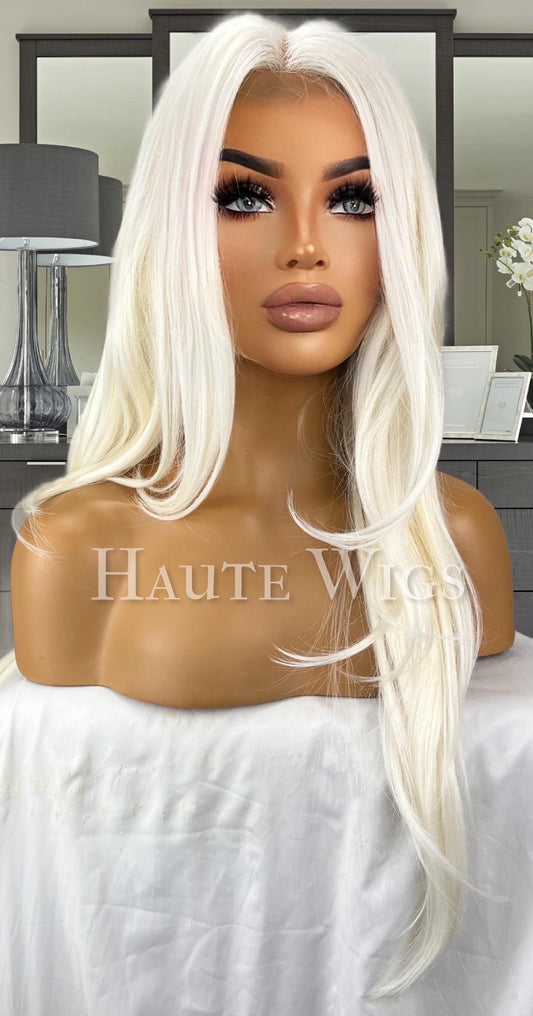 Platinum Blonde Wavy Lace Front Wig - 28 Inch Long Heat Resistant