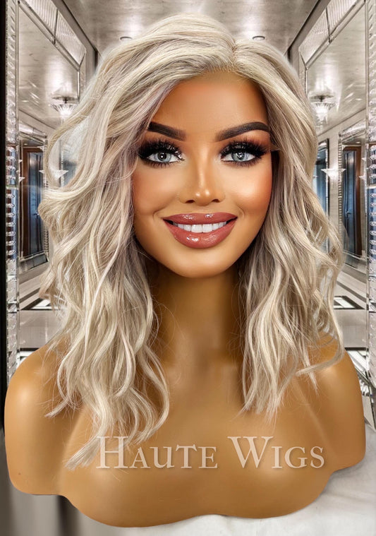 Platinum Ash Blonde Wig: Wavy Bob, HD Lace Front, Human Hair Blend