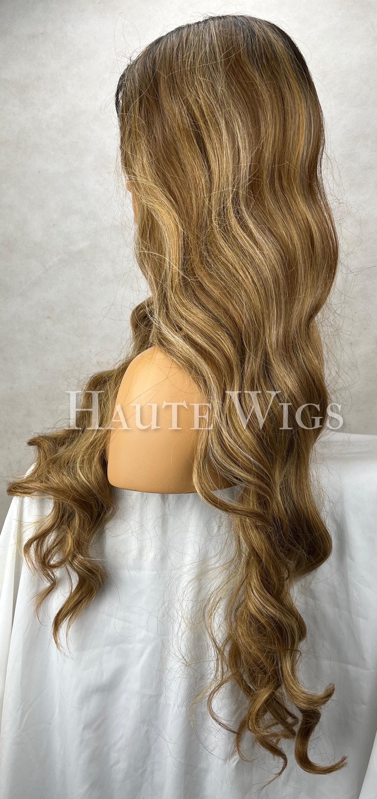 Inspired Wavy Long 36 Inches Pre cut lace Front Wig Deep Golden blonde brown Stunning Human Hair Synthetic Blends Curly Beautiful Density