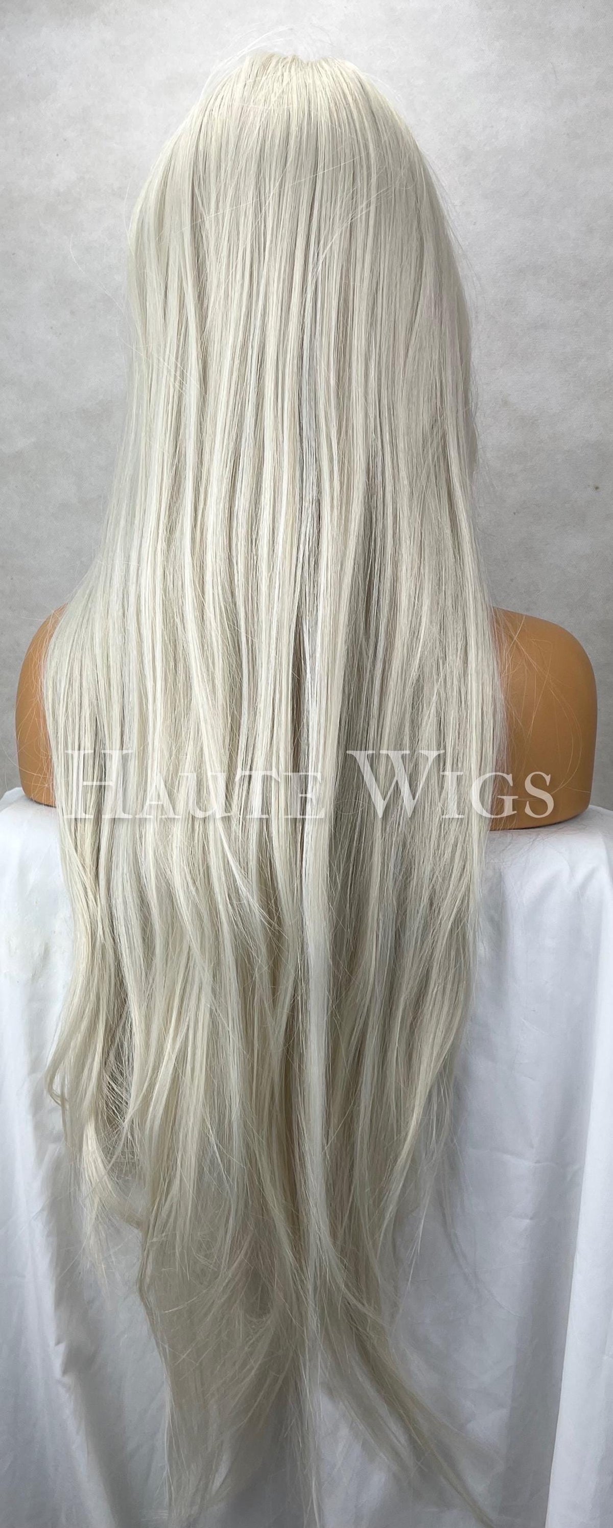 Ash blonde with bangs Long 26 Inches Wig Fringe Bangs Ice Platinum White Peroxide Blonde vegan Hair Blends - role play Gift For Her