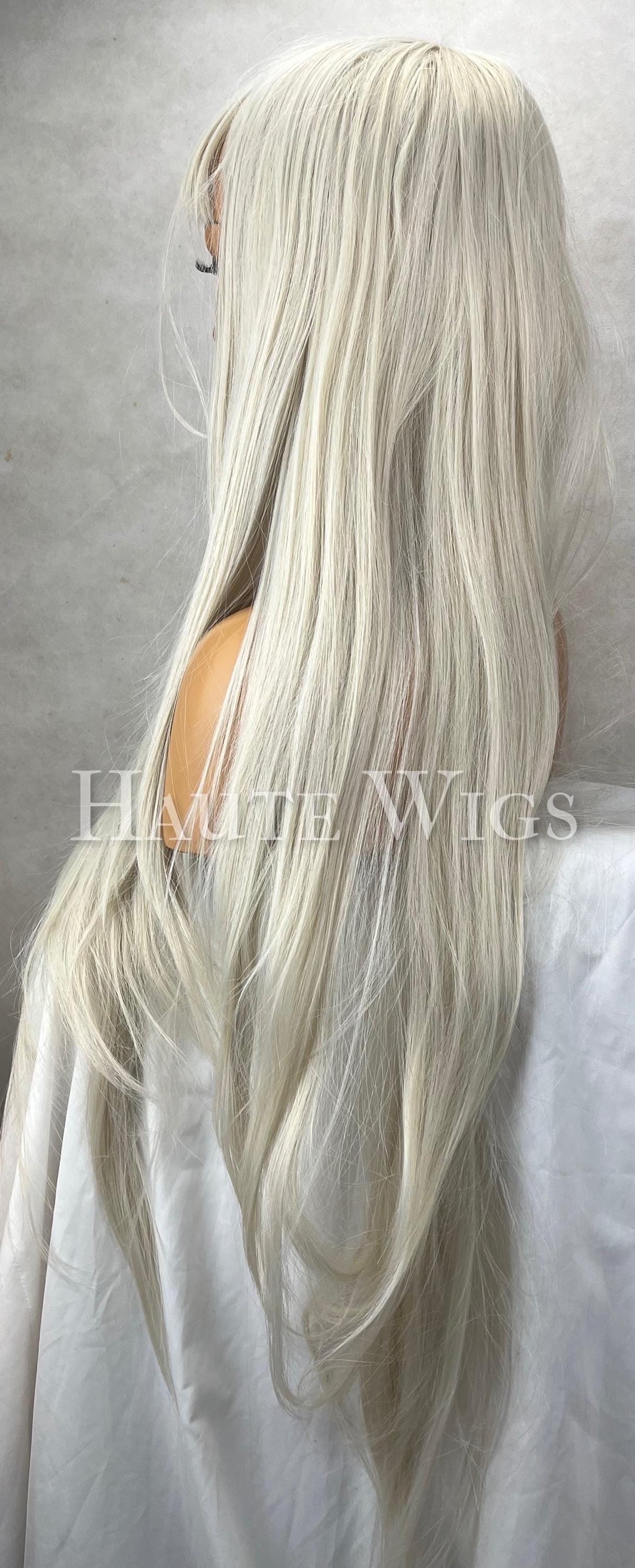 Ash blonde with bangs Long 26 Inches Wig Fringe Bangs Ice Platinum White Peroxide Blonde vegan Hair Blends - role play Gift For Her