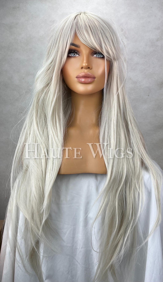Ash blonde with bangs Long 26 Inches Wig Fringe Bangs Ice Platinum White Peroxide Blonde vegan Hair Blends - role play Gift For Her