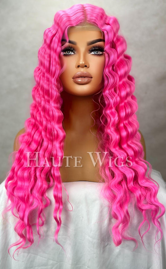 Shocking - 26 inch Neon Pink Wavy Lace Front Wig vegan water waves curles