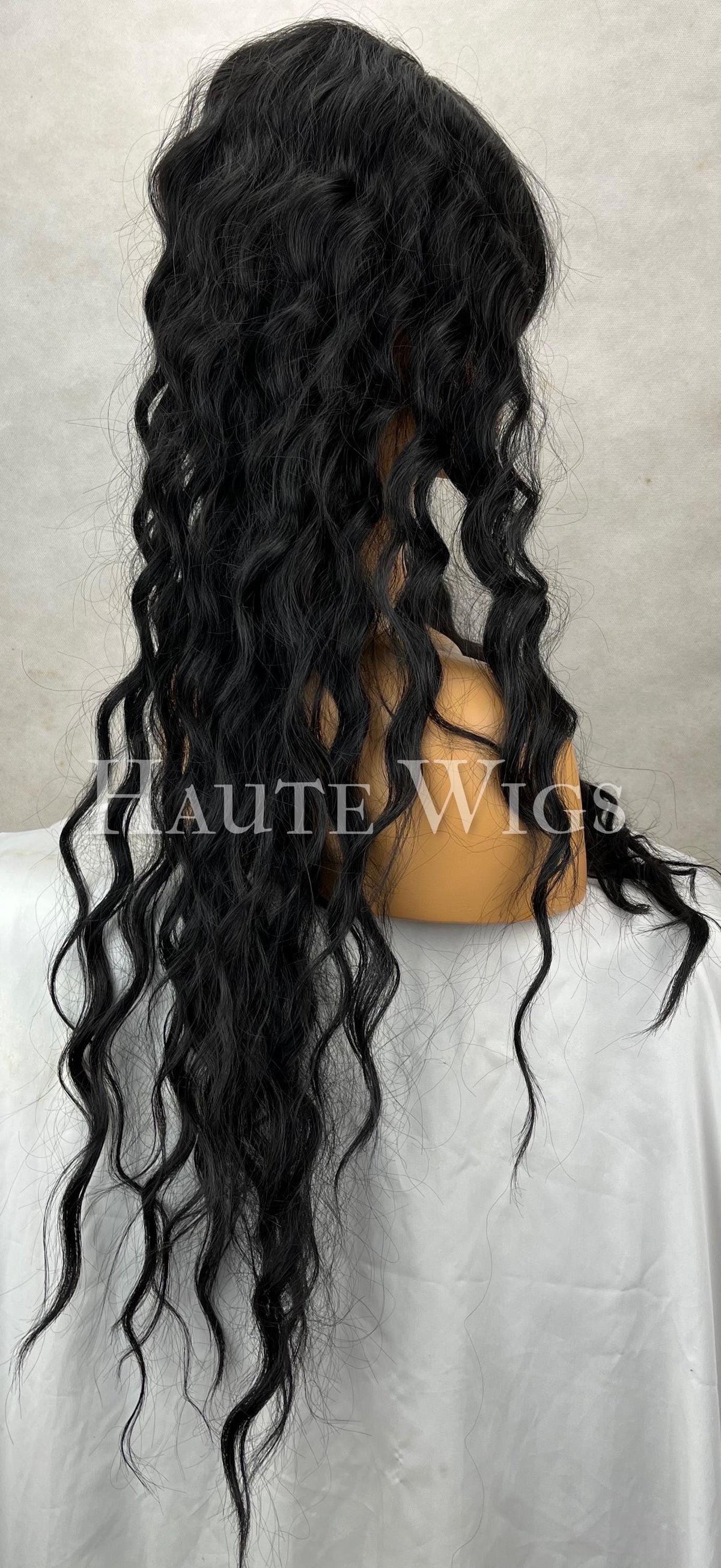 26 Inch Jet Black Water Waves Wig with bangs curly and wavy everyday wig