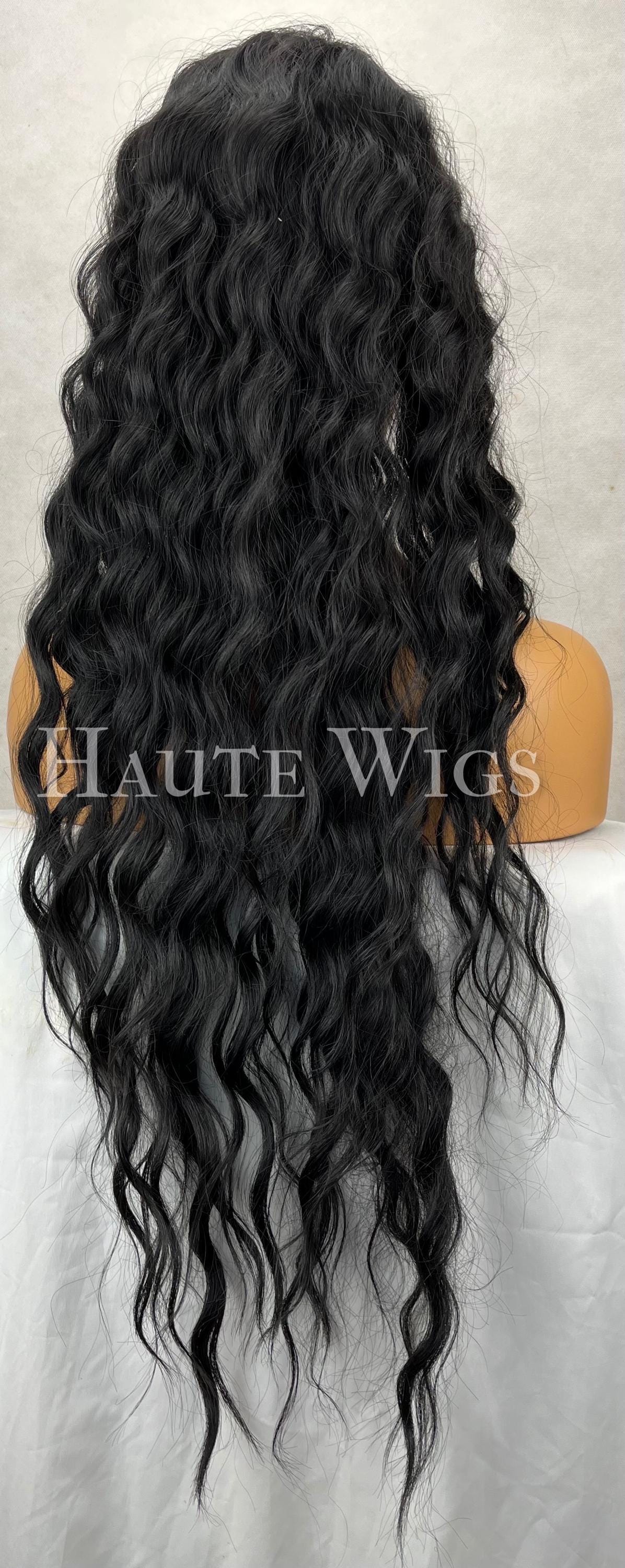 26 Inch Jet Black Water Waves Wig with bangs curly and wavy everyday wig